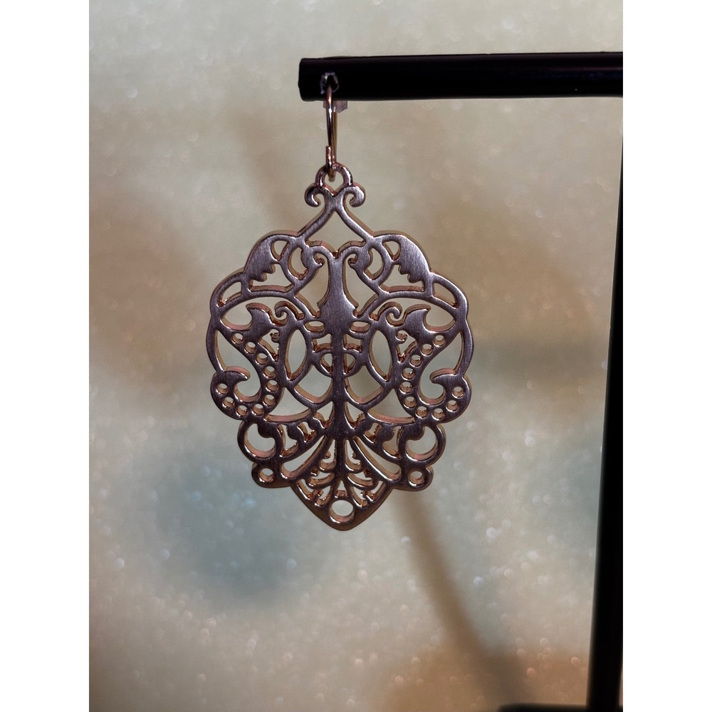 Rose Gold Tone Filigree Drop Earrings Moroccan Scroll Openwork Dangle Statement - Picture 3 of 4